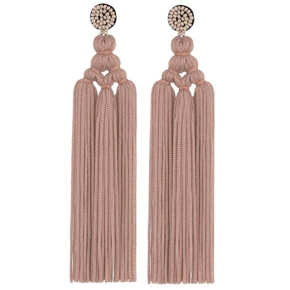 Long Tan Hand Woven Tassel Knot Fringe Boho Dangling Drop Post Back Earrings - Picture 1 of 5